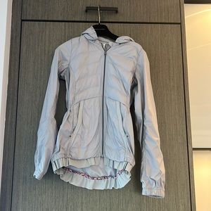 SOLD Lululemon “Spring Fling” Puffy Down Jacket in Grey Waist Tie Floral Trim